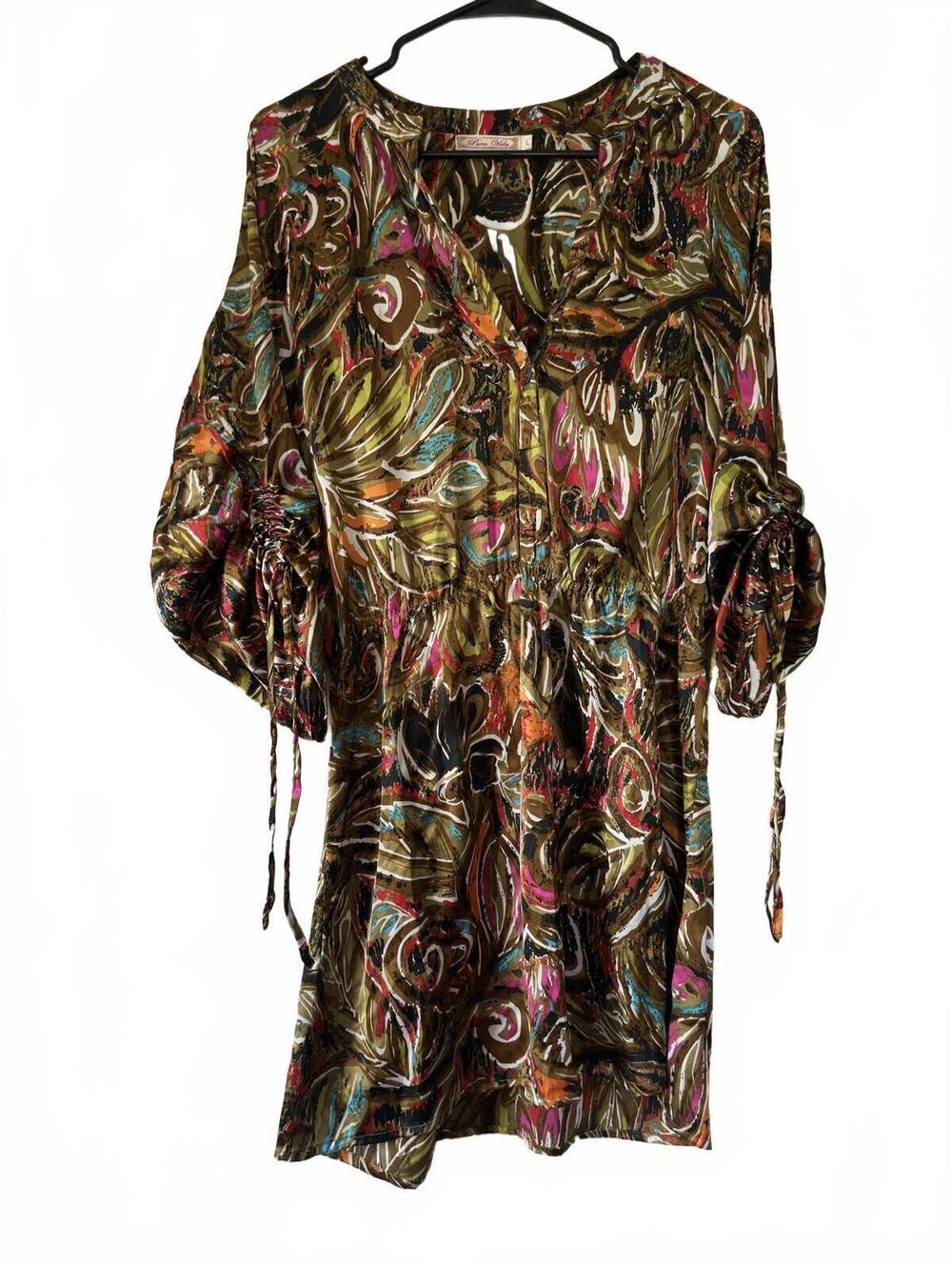 Pura Vida Multicolor Printed Long Sleeve Tie-Sleeve Dress Size L